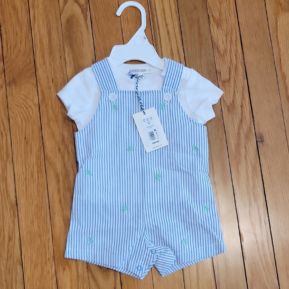 Blue and White Striped Baby Romper with Green Accents